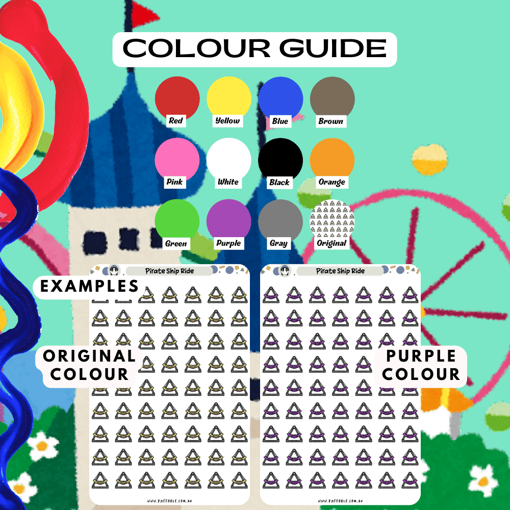 Pirate ship ride sticker sheet colour guide options, can choose from purple, red and more.