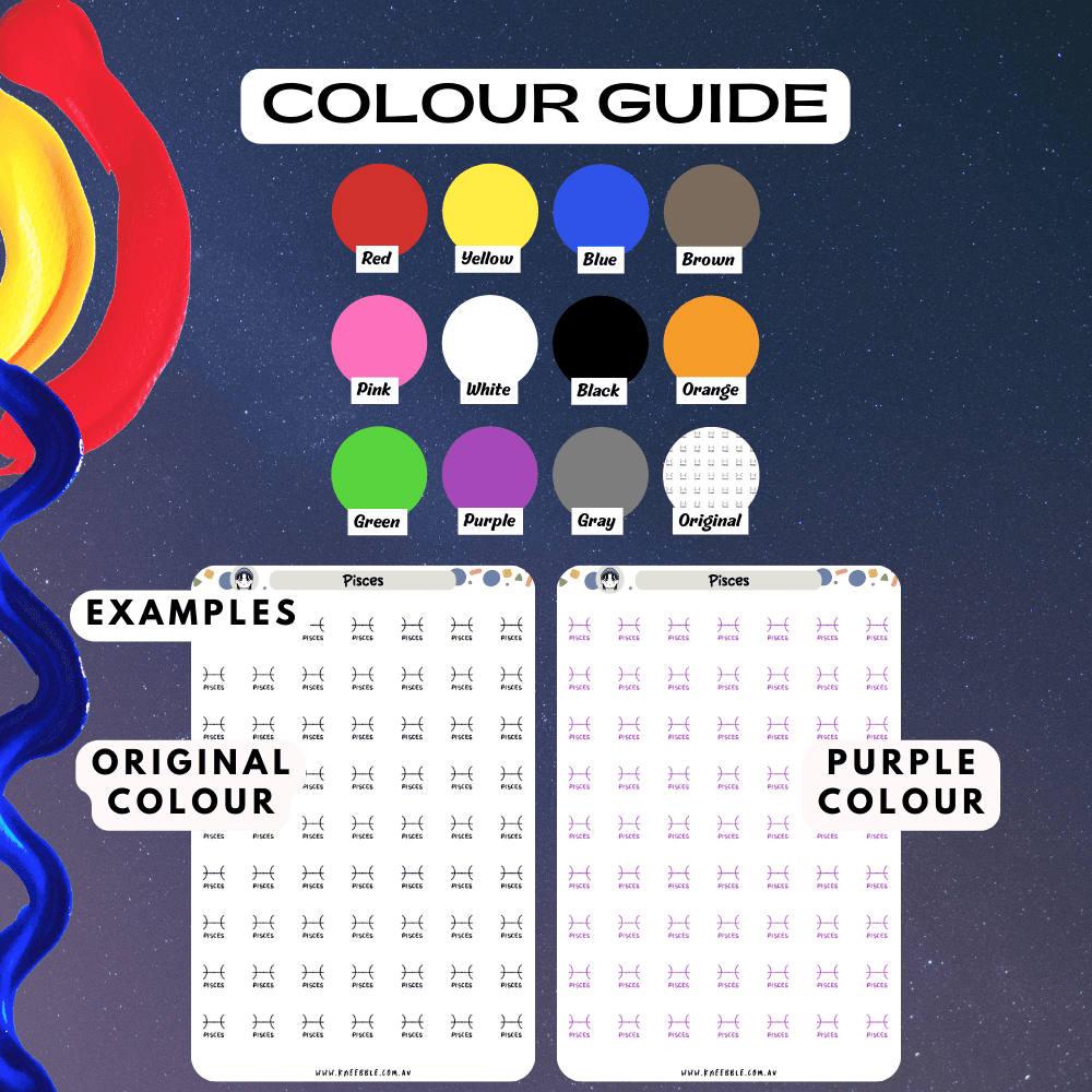 Pisces zodiac stickers colour guide reference, choose from many colours such as purple and red.