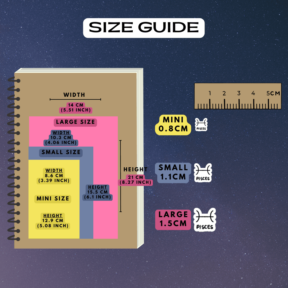 Pisces zodiac stickers size guide reference, choose from mini, small and large sizes.