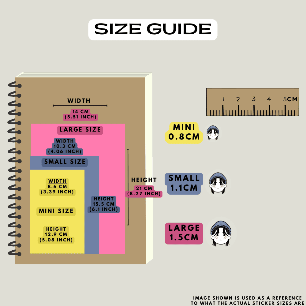 Planner sticker size guide varying from mini, small and large sizes.