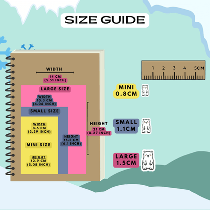 Polar bear sticker icons size guide comparison reference sheet.