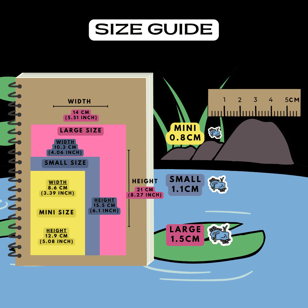 Pond nature scenery icon sticker size guide comparison reference sheet, choose from mini, small and large sizes.