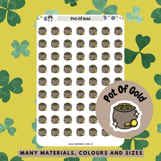 Stickers featuring pots of gold, symbolizing wealth and luck, perfect for celebrating St. Patrick's Day or adding a touch of fortune to planners and journals.