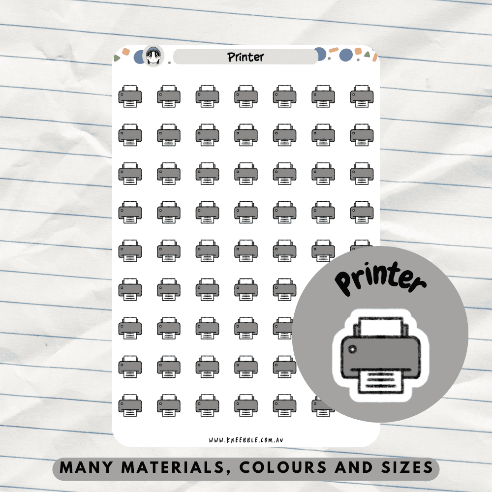 Functional printer-themed planner stickers designed for marking printing schedules, paperwork deadlines, and document preparation in your planner or journal.