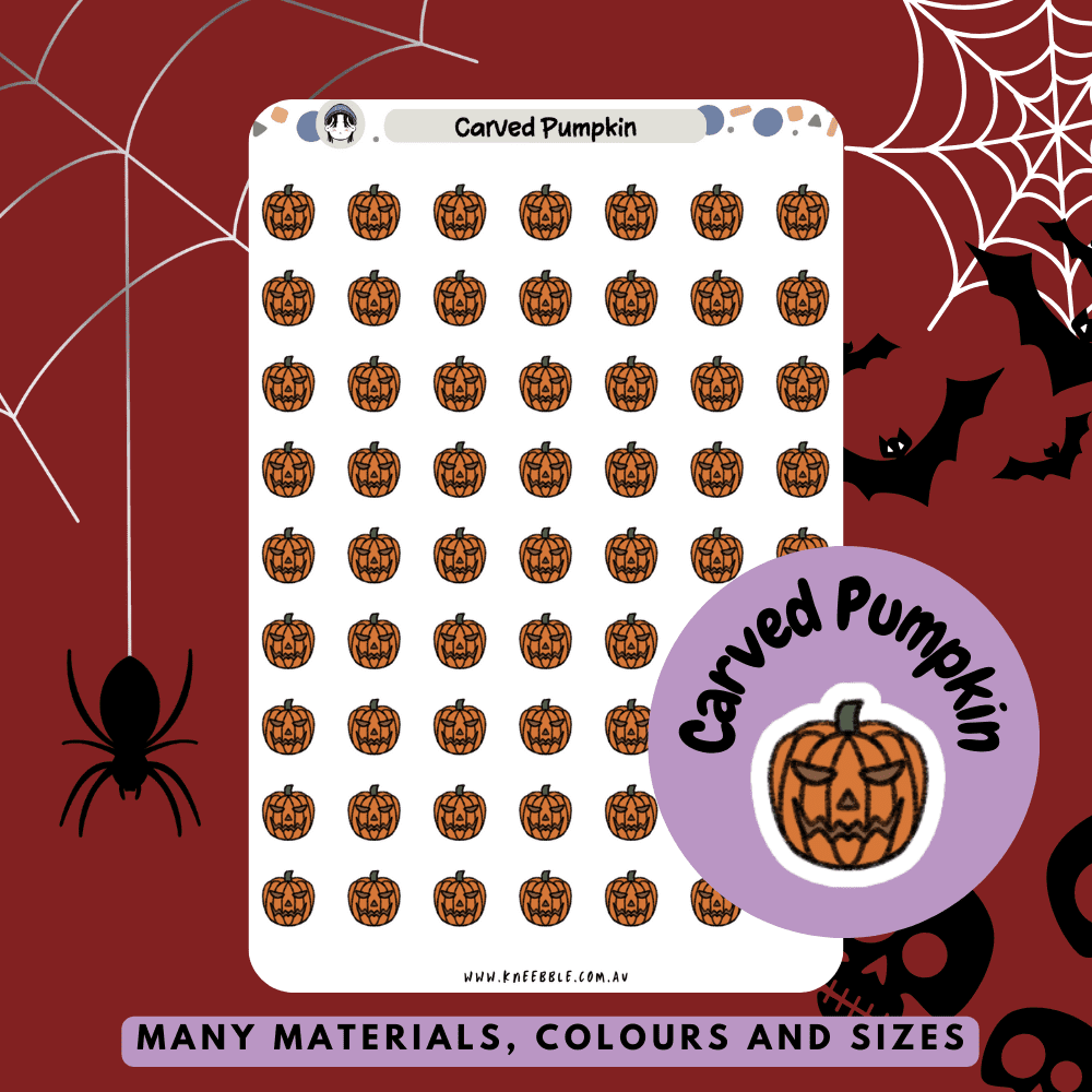 Stickers featuring carved Jack-o'-lantern designs, with spooky or smiling faces, perfect for adding a festive Halloween touch to planners and journals.