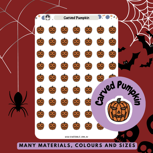 Stickers featuring carved Jack-o'-lantern designs, with spooky or smiling faces, perfect for adding a festive Halloween touch to planners and journals.