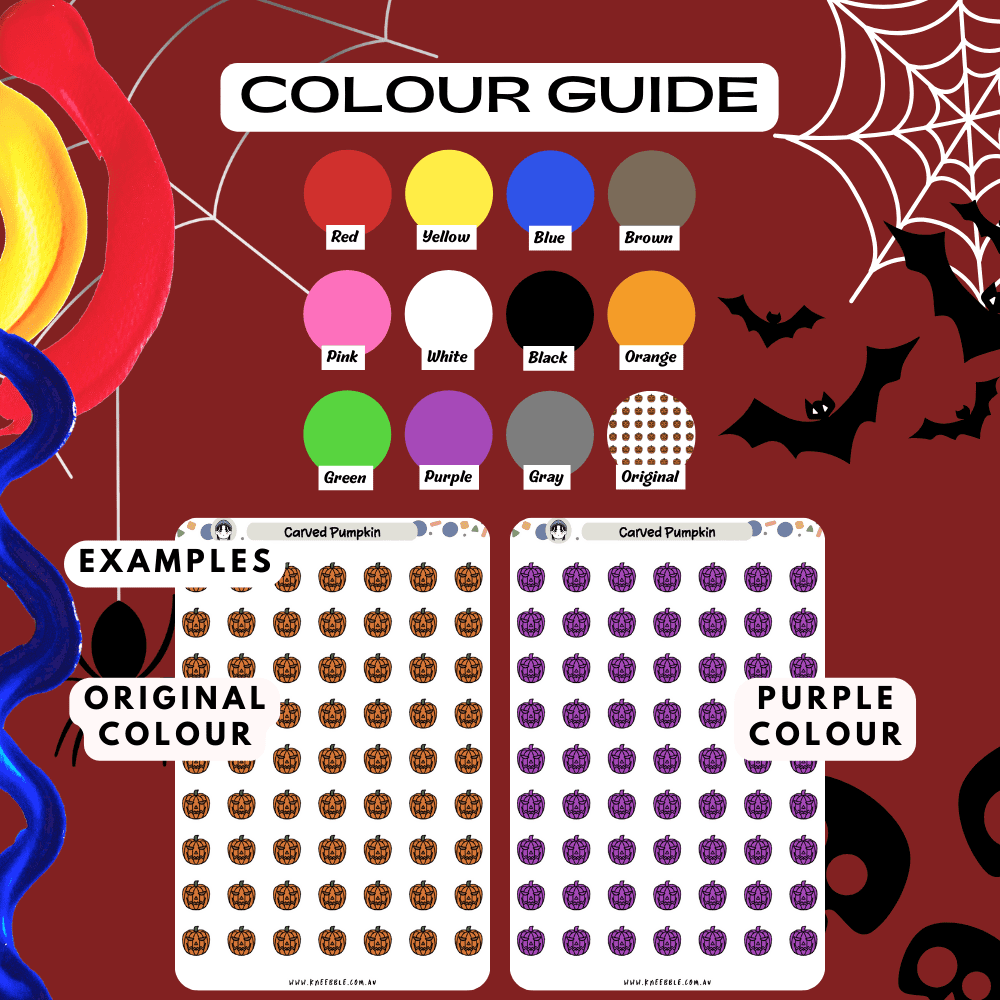 Pumpkin sticker sheet colour guide reference, choose from many colours such as red and purple.