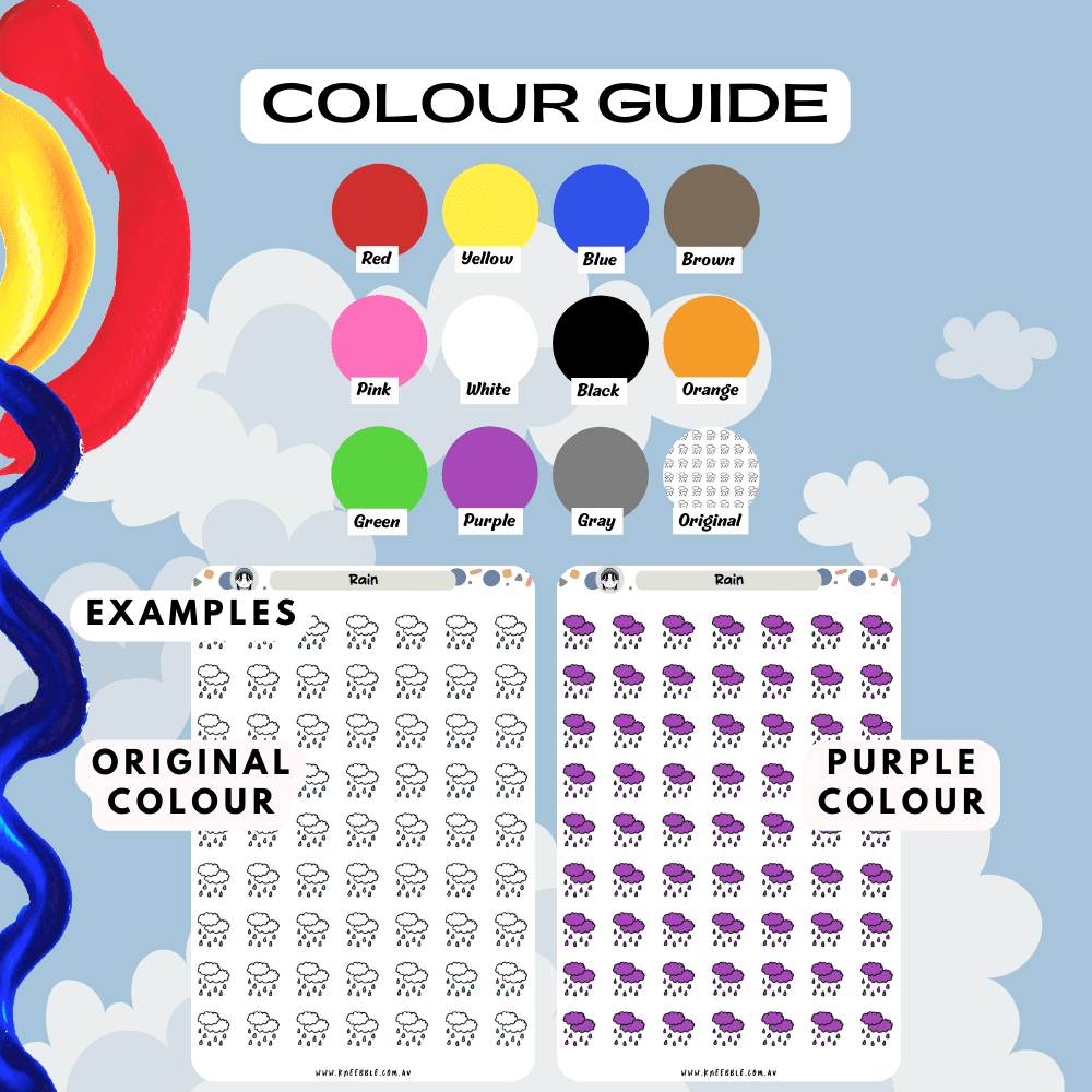 Rainy cloudy weather sticker sheet colour guide reference, choose from many colours such as red and purple.