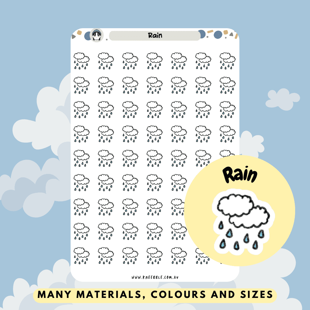 Stickers featuring rain and wet weather designs, including raindrops and clouds, perfect for depicting rainy days or adding a touch of moody weather to planners and journals.