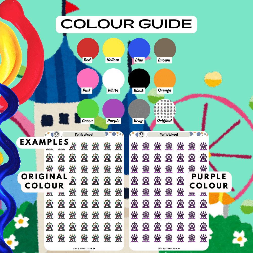 Ferris wheel sticker sheet colour guide examples red and purple colour options to choose from.