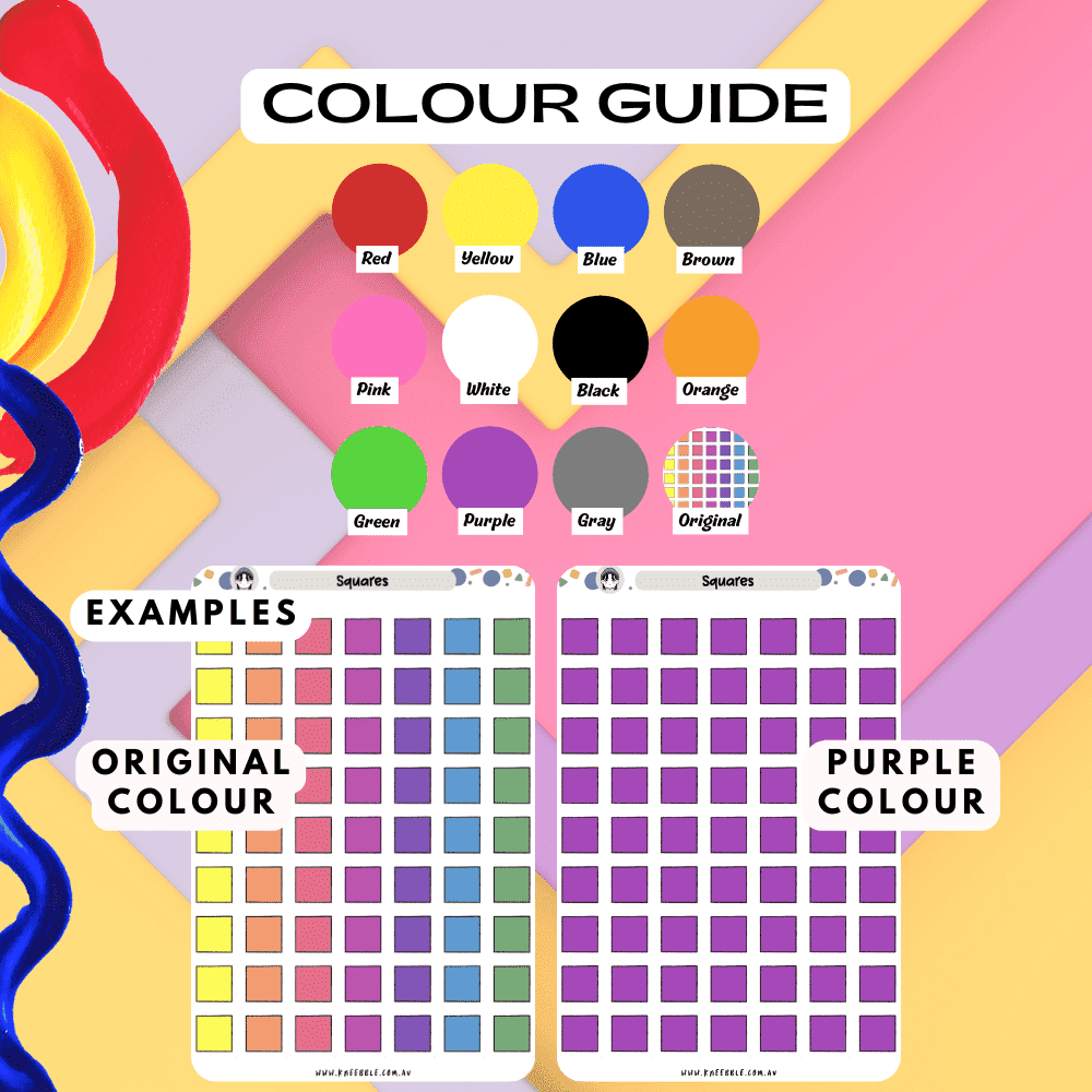 Square rainbow icon sticker sheet colour guide, choose from different colours such as red and purple.