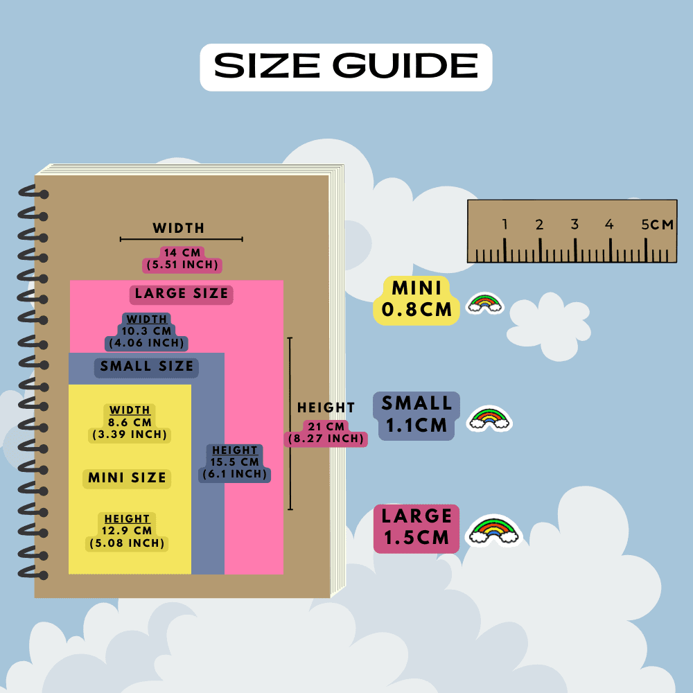 Rainbow cloud icon stickers size guide comparison, choose from mini, small and large sizes.