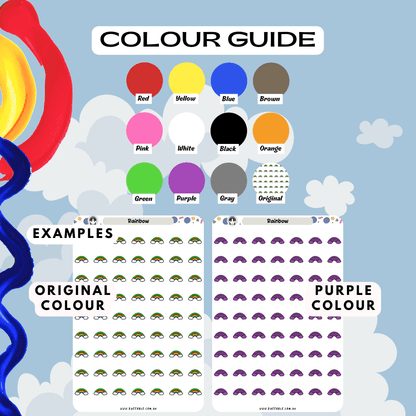 Rainbow weather sticker sheet colour guide reference, choose from many colours such as red and purple.