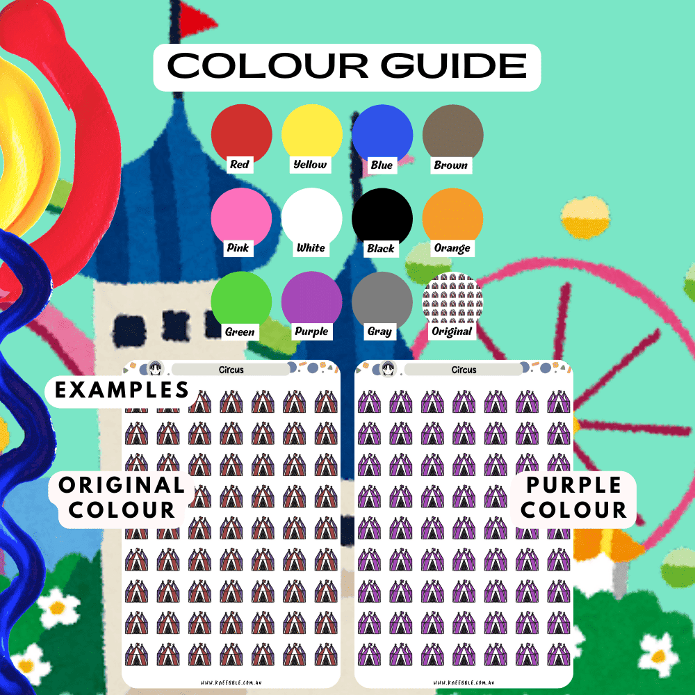 Circus sticker sheet colour guide options, choose from colours such as red and purple.