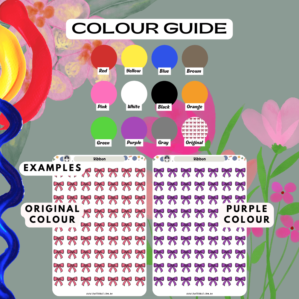 Ribbon bow planner stickers colour guide reference, choose from many colours such as red and purple.