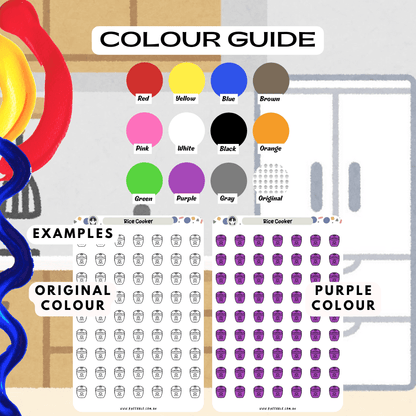 Rice cooker planner sticker sheet colour guide reference, choose from many colours such as purple and red.