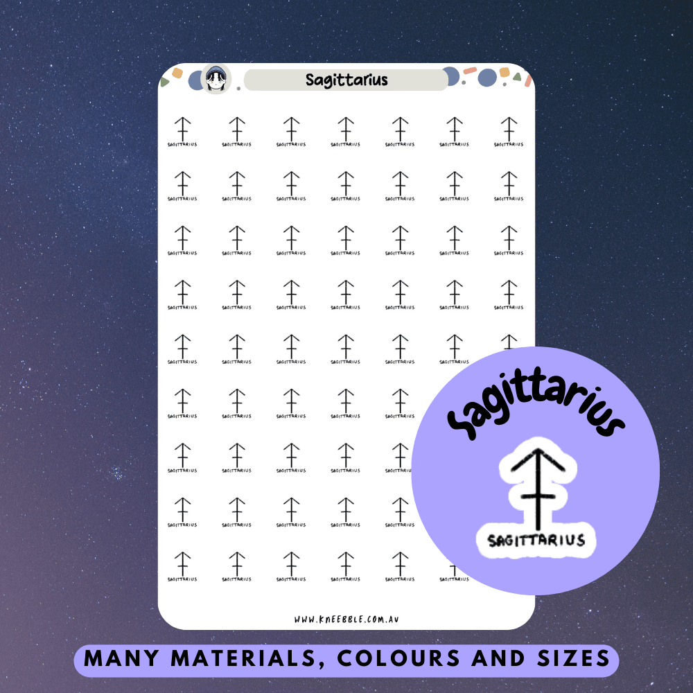 Sagittarius-themed planner stickers featuring the archer symbol and fiery celestial elements.