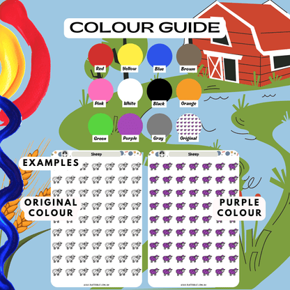 Sheep planner sticker sheet colour guide example, can choose from many colours such as purple and red.