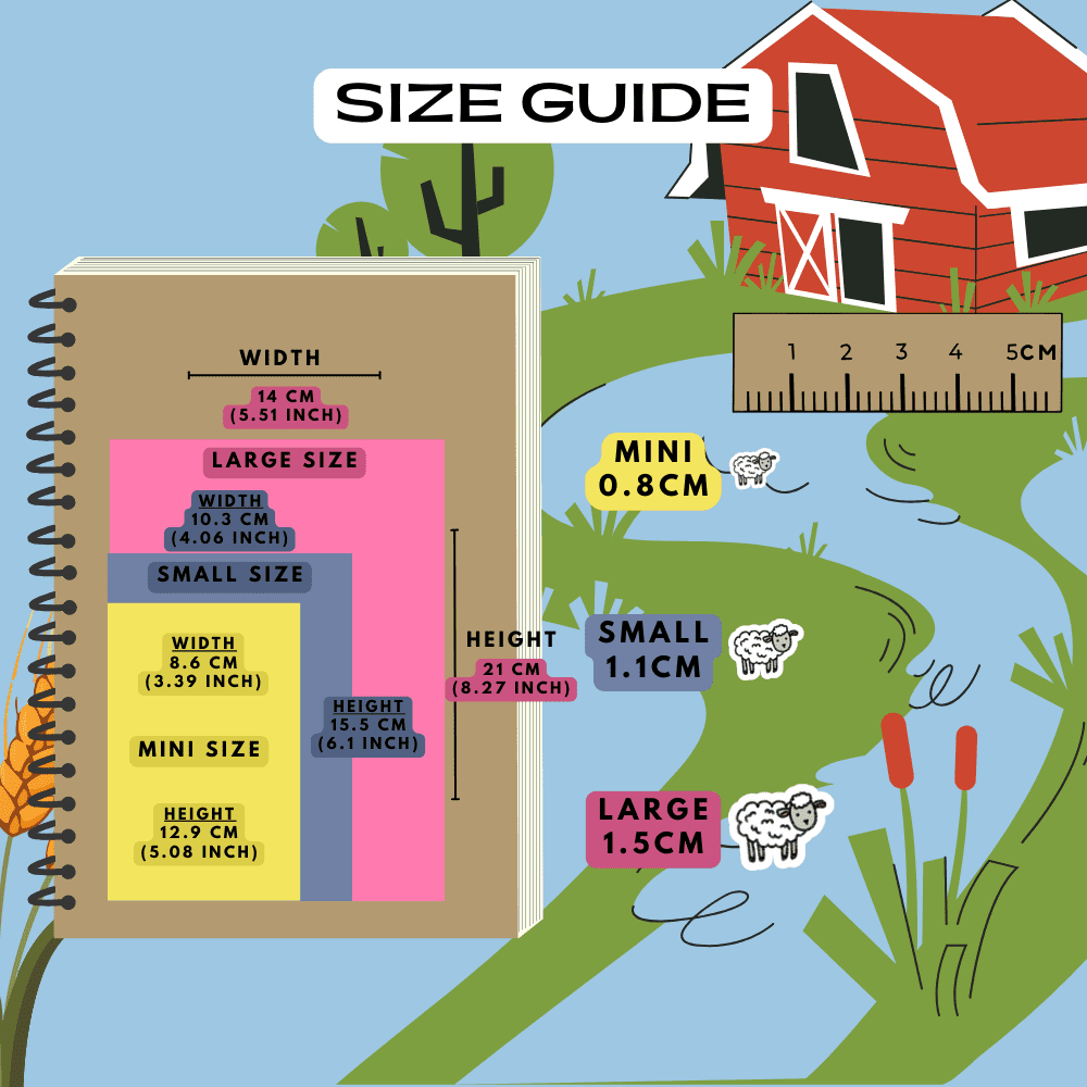 Sheep farm icon stickers size guide comparison reference sheet.