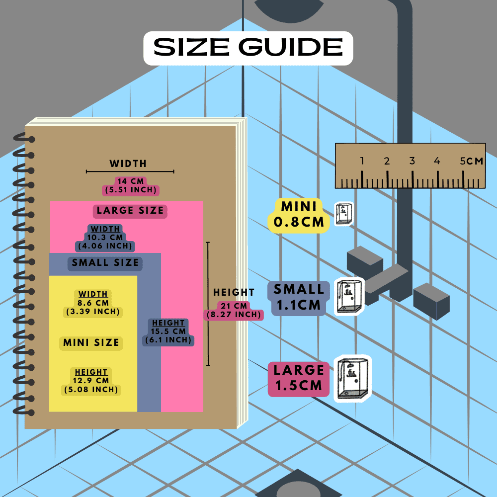 Shower icon bathroom stickers size guide reference sheet comparison.