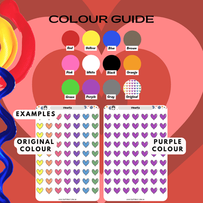 Love heart sticker sheet colour guides, providing options like rainbow and red.