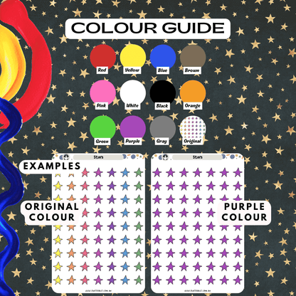 Simple star sticker sheet colour guide including rainbow and gold star colours.