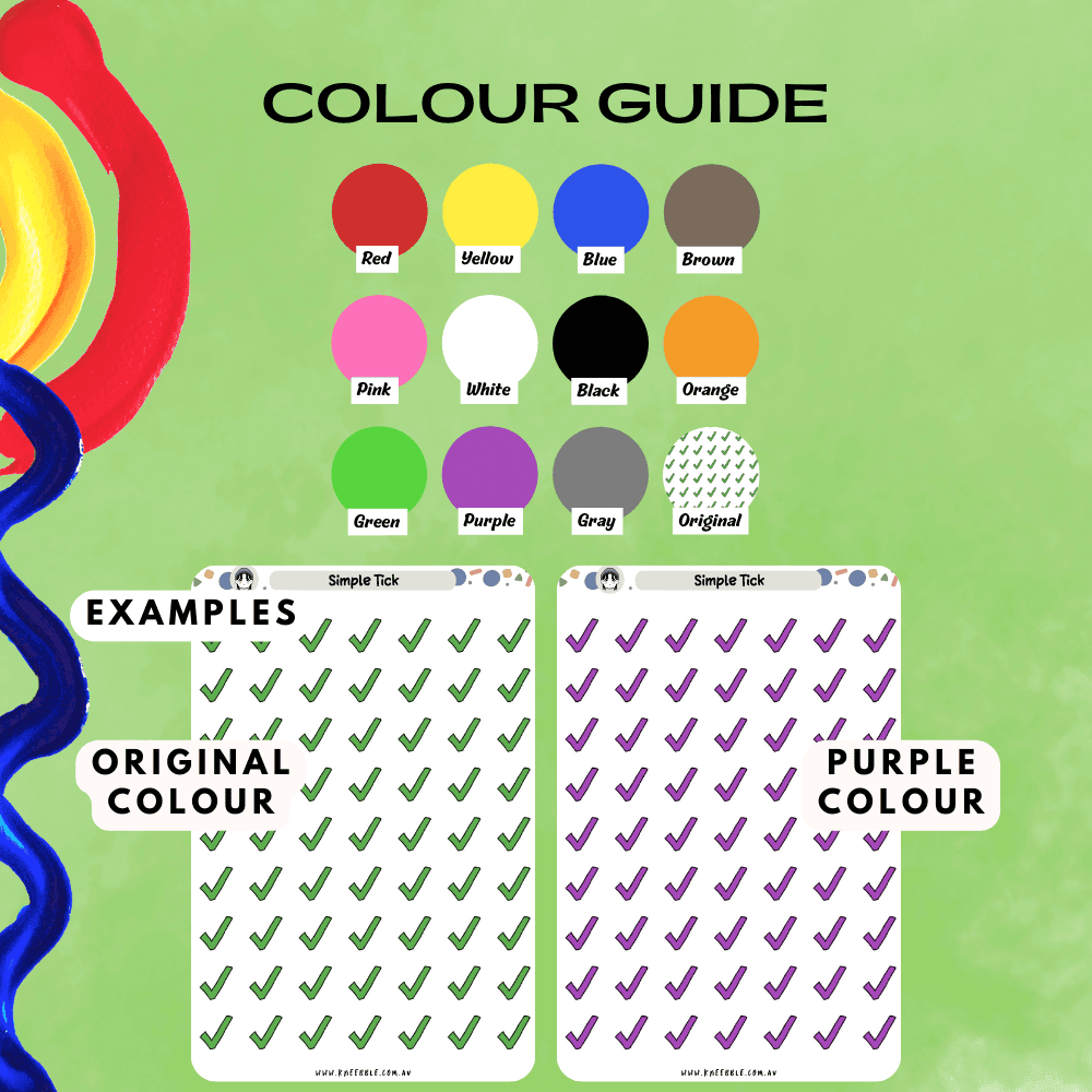 Colour guide options for simple tick stickers offering green and more colours.