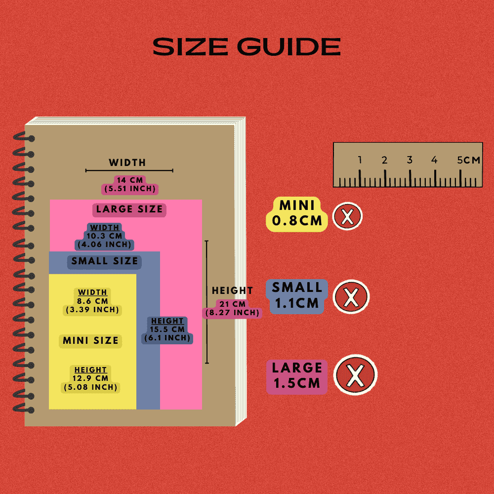 Size guide circle cross sticker icons comparison.