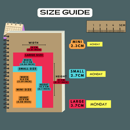 Days of the week size guide sticker reference comparison, choose from mini, small and large sizes.