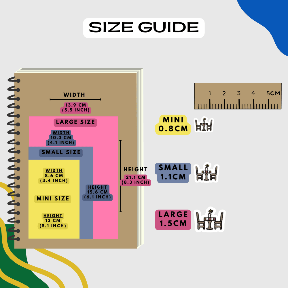 Size sticker guide reference, choose from mini, small and large sizes.