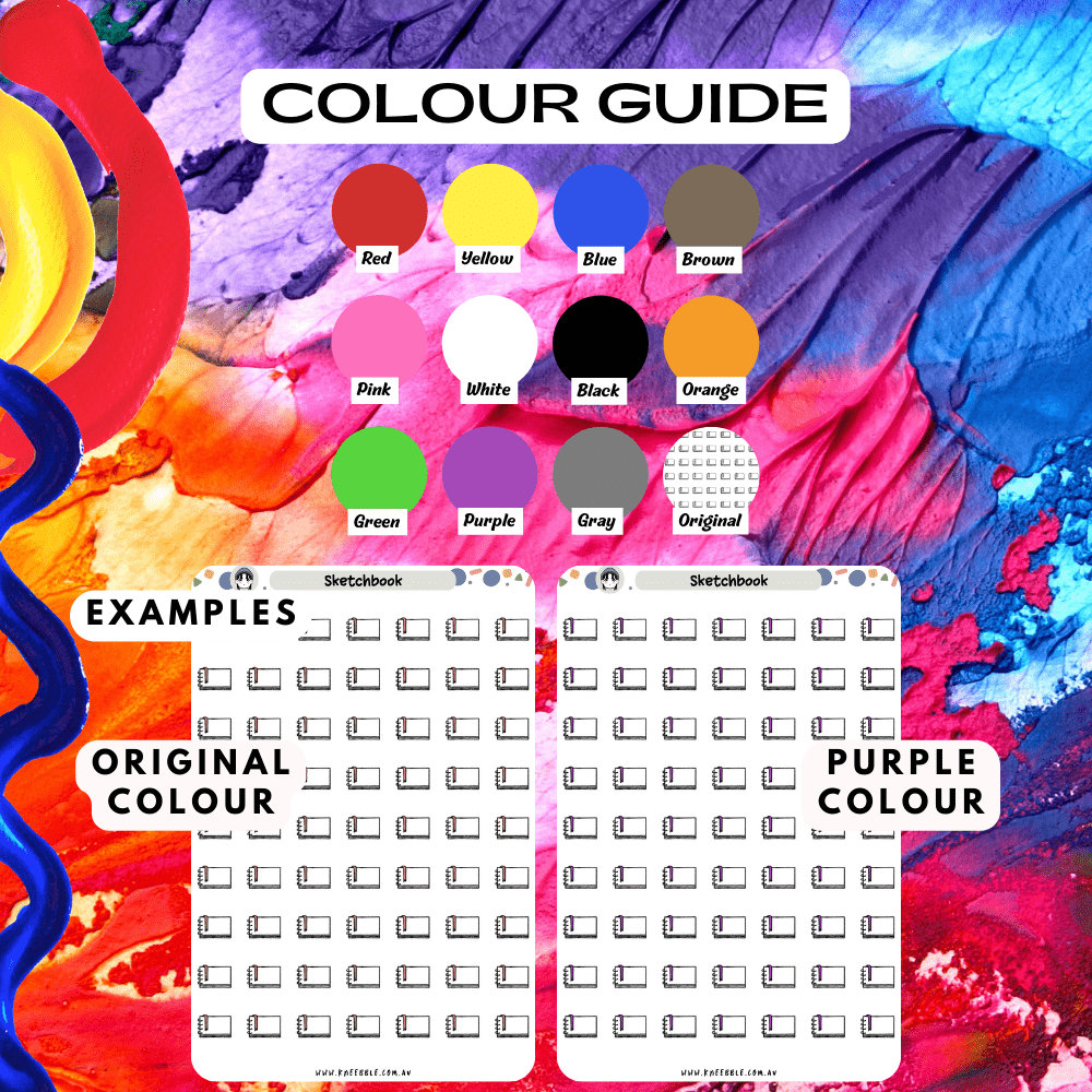 Sketchbook drawing art sticker sheet colour guide reference, choose from many colours such as red and purple.