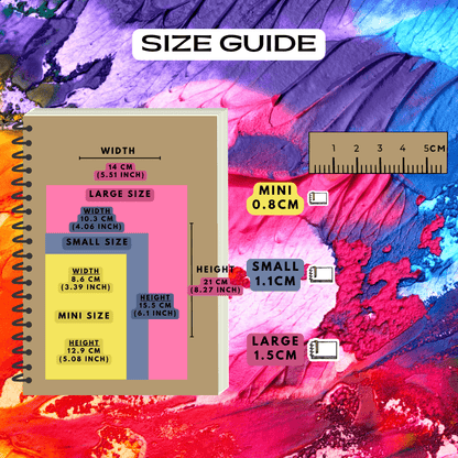 Sketchbook doodle art sticker icons size guide comparison reference, choose from mini, small and large sizes.