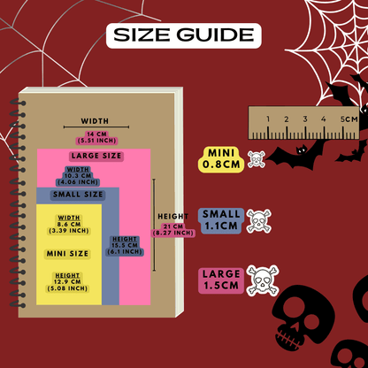 Skull skeleton bone icon sticker size guide, choose from mini, small and large sizes.