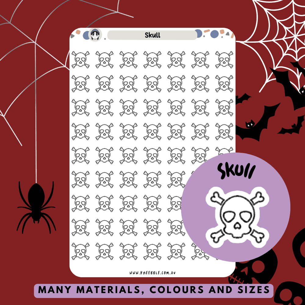 Stickers featuring various skull head designs, including spooky and gothic styles, perfect for adding a dark and edgy touch to Halloween-themed planners and journals.