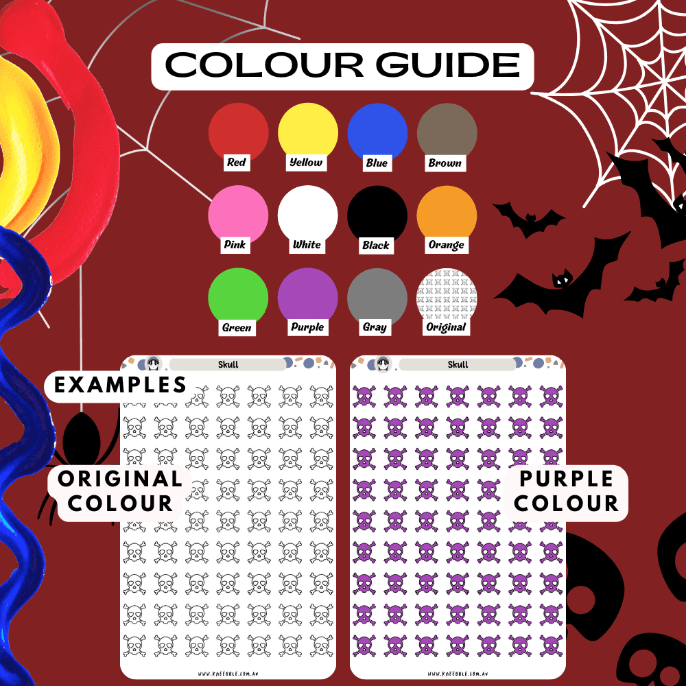 Skull head bone sticker sheet colour guide, choose from many colours such as red and purple.