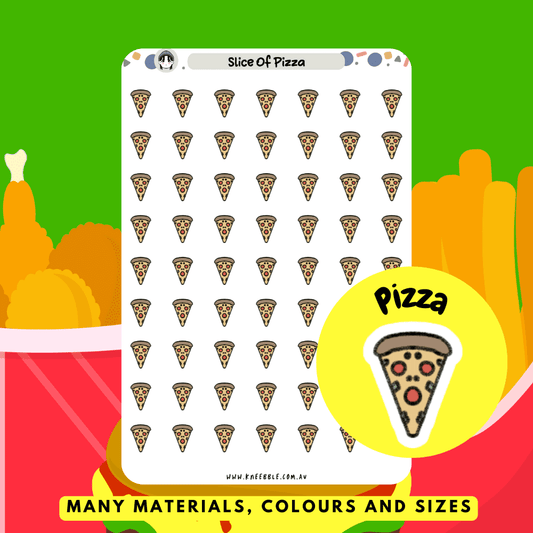 Stickers featuring a cheesy slice of pizza with toppings, perfect for adding a tasty and fun element to planners, meal planning, or decorating journals and scrapbooks.