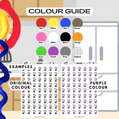 Smoothie food blender sticker sheet colour guide reference, choose from many colours such as red and purple.