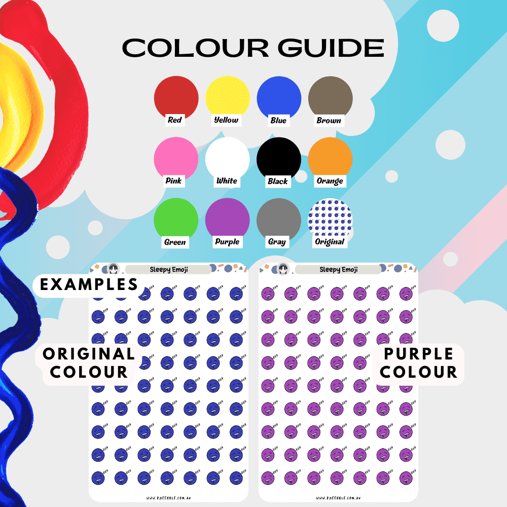 Sleepy emoji sticker sheet consisting of different colour options such as blue and purple.