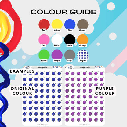 Sleepy emoji sticker sheet consisting of different colour options such as blue and purple.