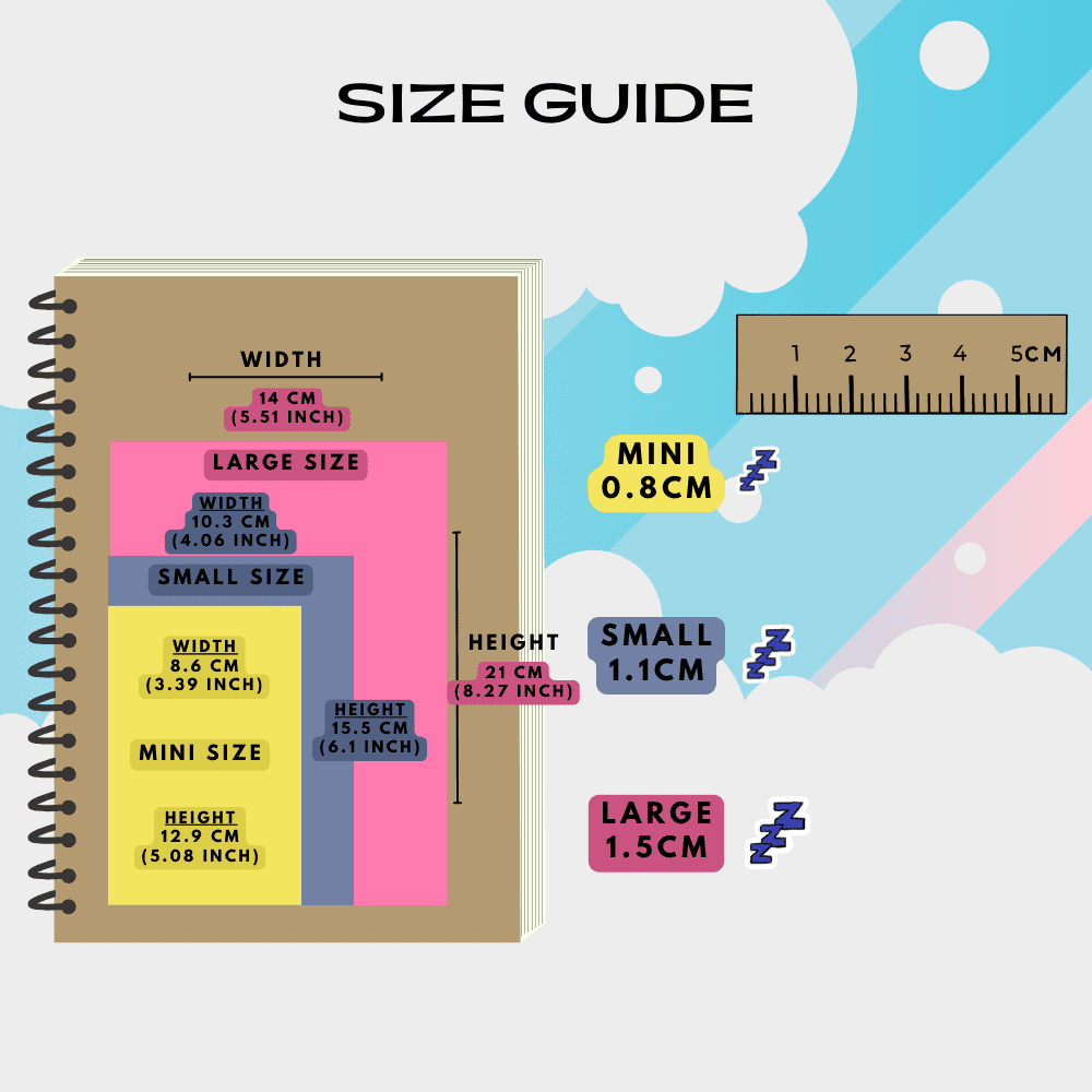 Sleep snooze stickers size guide comparison reference.