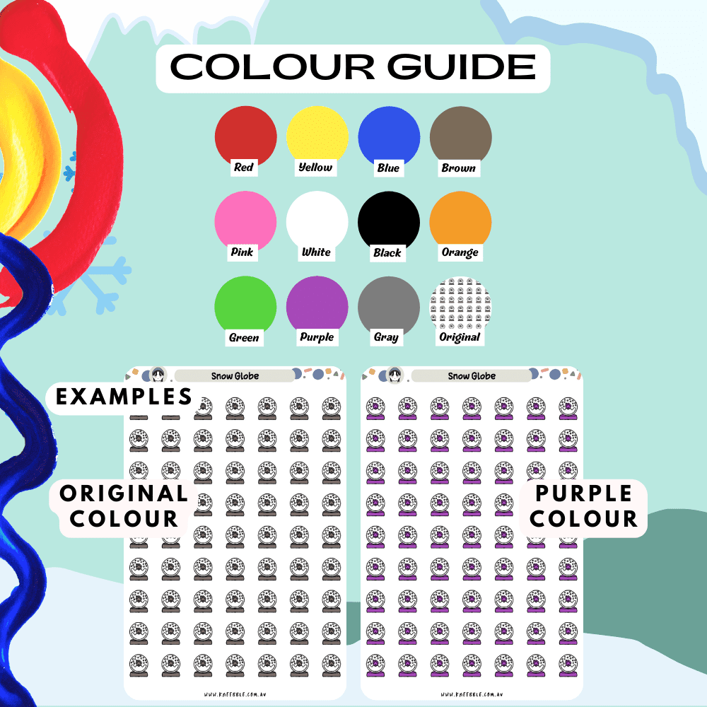 Snow globe colour guide sticker sheet, featuring different colours to choose from such as purple and red.