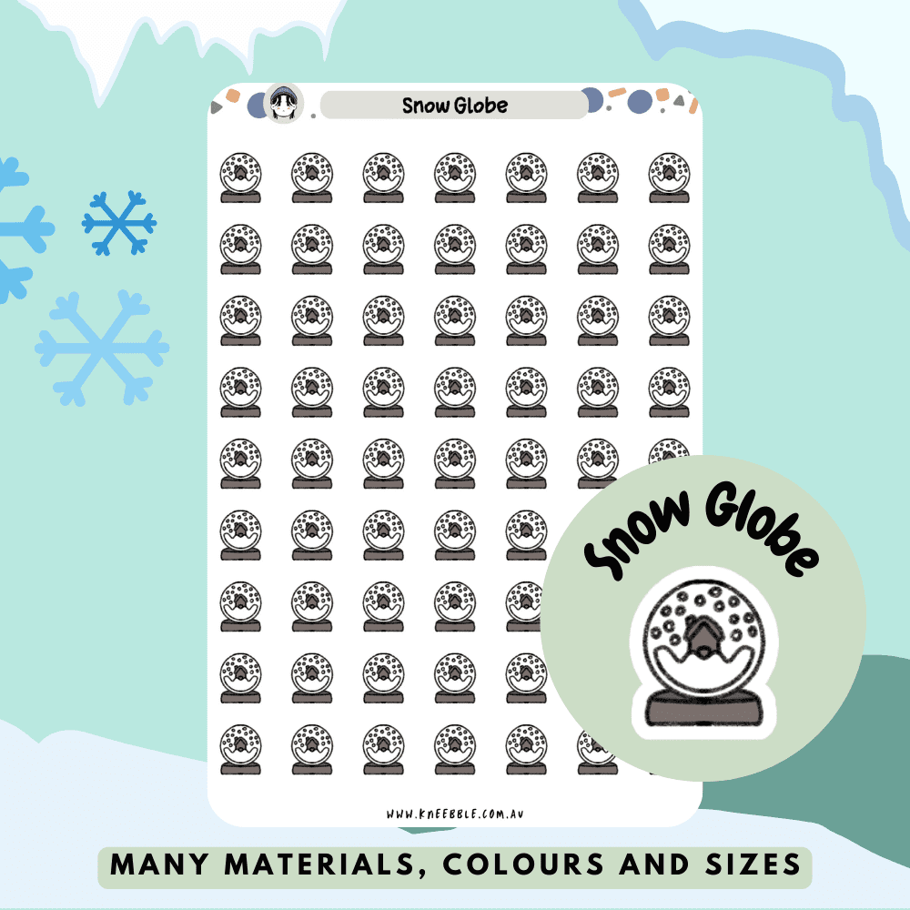 Stickers featuring snow globe designs, showcasing various winter scenes inside a glass dome, great for planner decorations or marking special events.