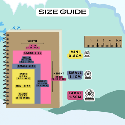 Snow globe house stickers size guide comparison reference sheet.