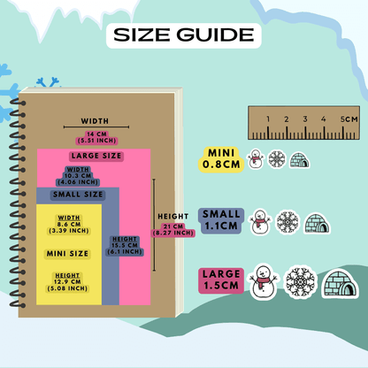 Snow size guide planner stickers comparison reference sheet.