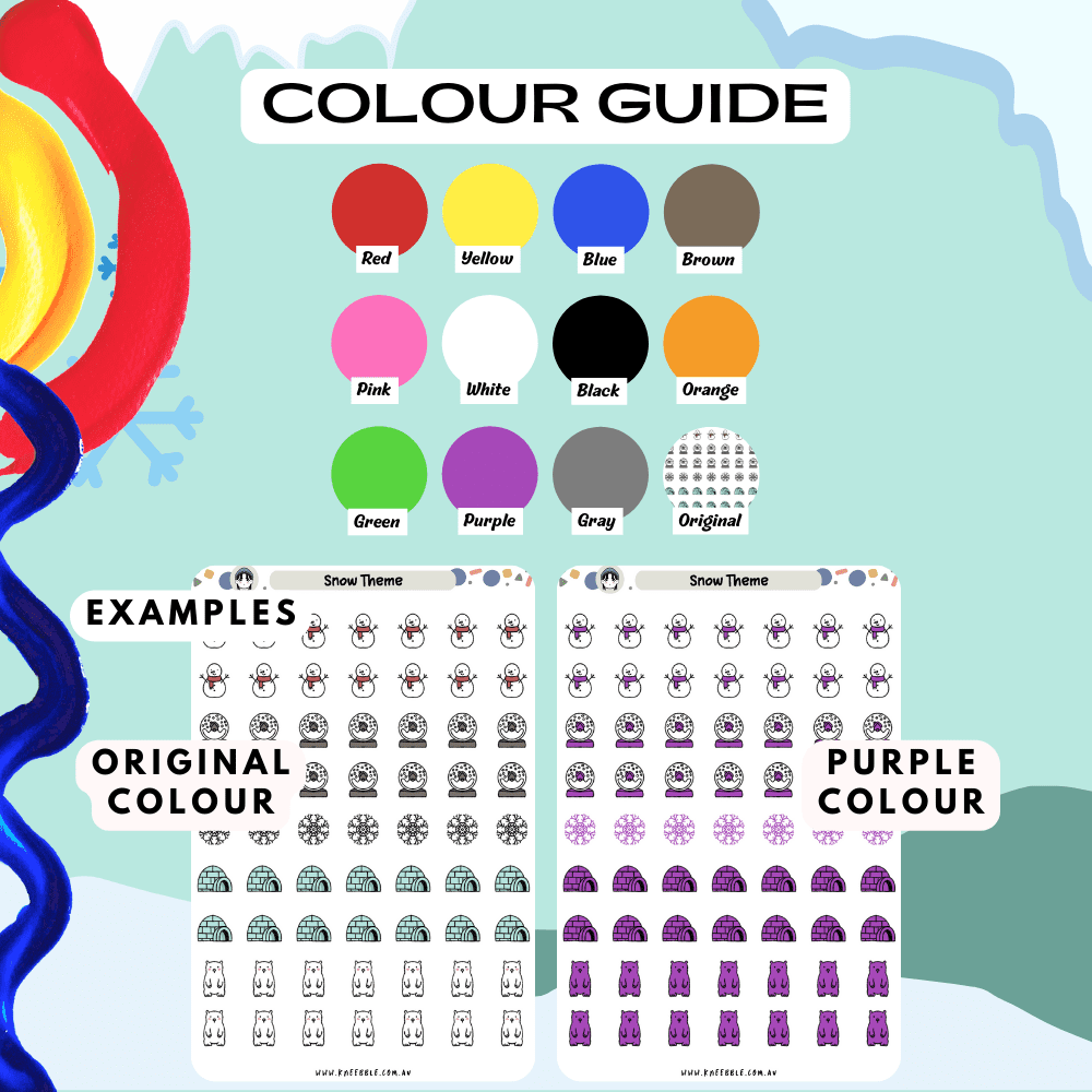 Snow theme colour guide, featuring a variety of colours to choose from such as purple and red.