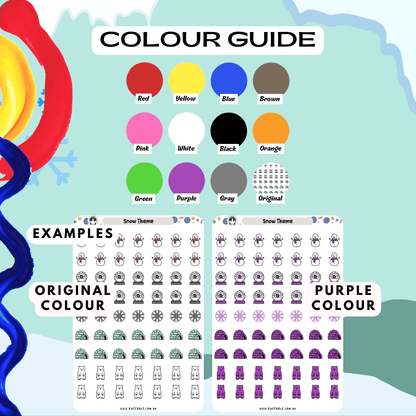 Snow theme colour guide, featuring a variety of colours to choose from such as purple and red.