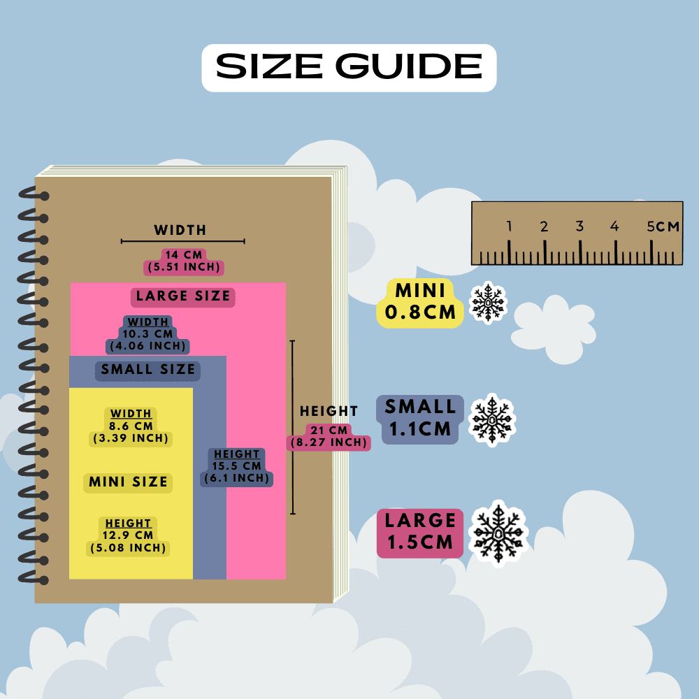 Snowflake icy cold icon stickers size guide comparison reference sheet, choose from mini, small and large sizes.