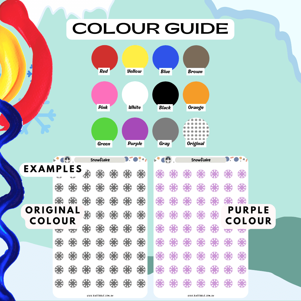 Snowflake sticker sheet colour guide, featuring many colours to choose from such as purple and red.