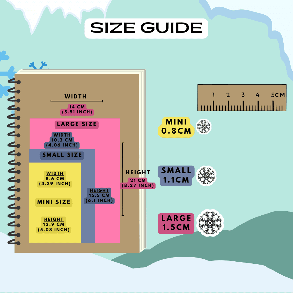 Snowflake icon sticker size guide comparison reference sheet.