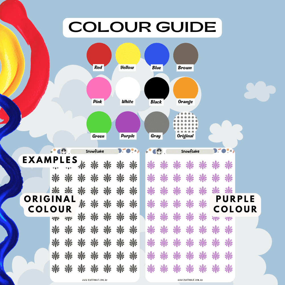 Snowflake winter sticker sheet colour guide reference, choose from many colours such as red and purple.